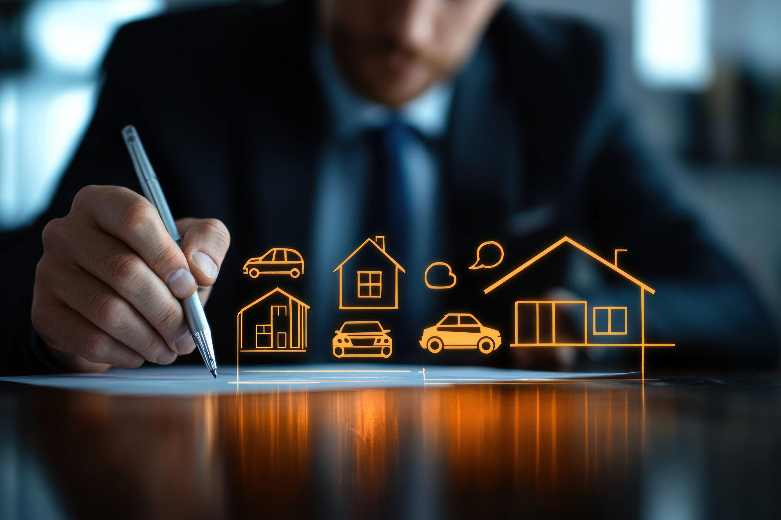 Businessman Drawing Family, Home, Car, and Life Insurance Icons Concept for Protection and Security